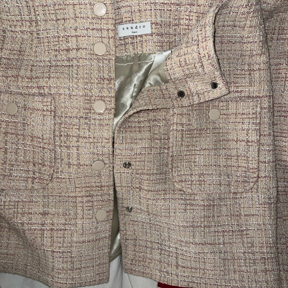 Sandro Adelaide Stripe-Trimmed Tweed Jacket Blazer Skirt Set in Blush 36, 2 - Picture 6 of 10